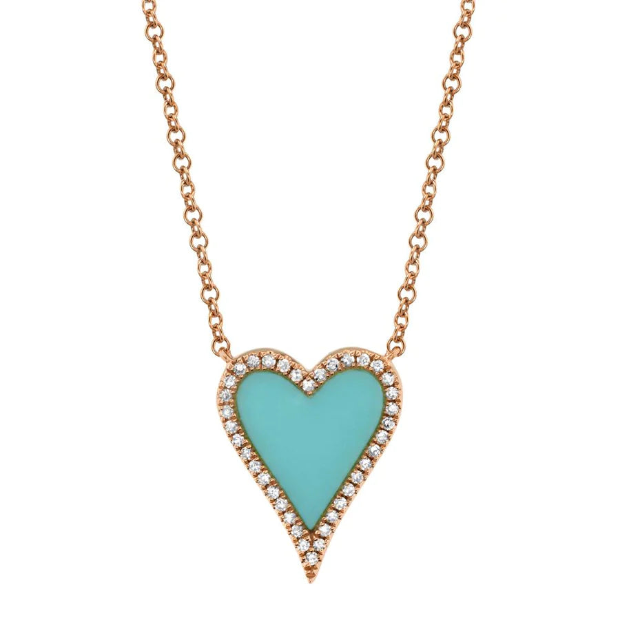 14K Gold 0.78 CT Diamond Turquoise Heart Pendant Necklace