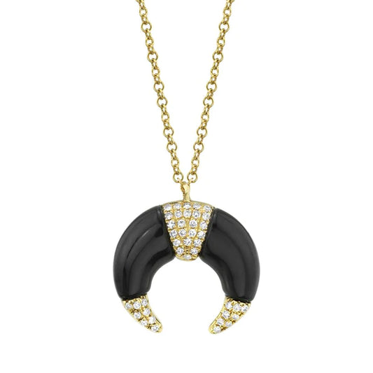 14K Gold Diamond Crescent Moon Black Onyx Necklace