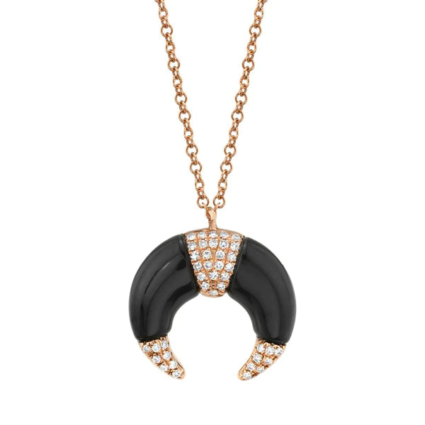 14K Gold Diamond Crescent Moon Black Onyx Necklace