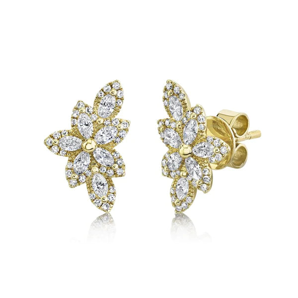 14k Gold Diamond Flower Stud Earrings