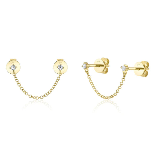 14K Gold Diamond Double 2 Stud Chain Earrings
