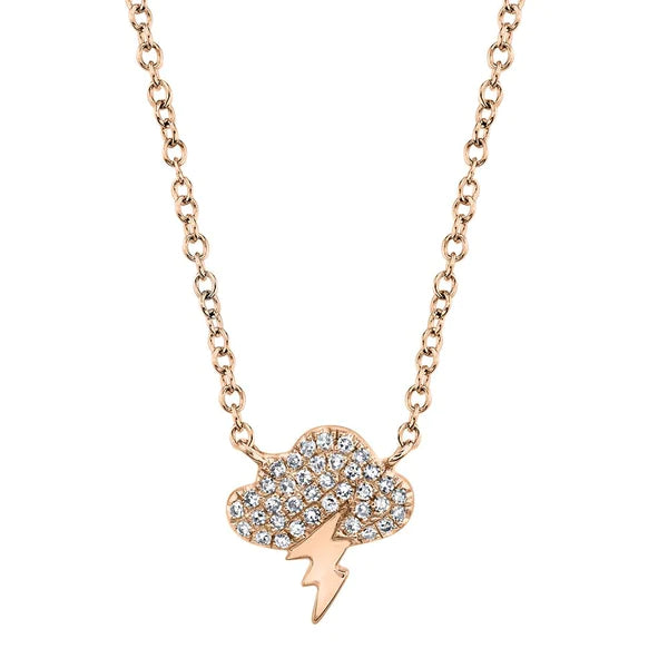 14K Gold Diamond Storm Cloud Lightning Pendant Necklace