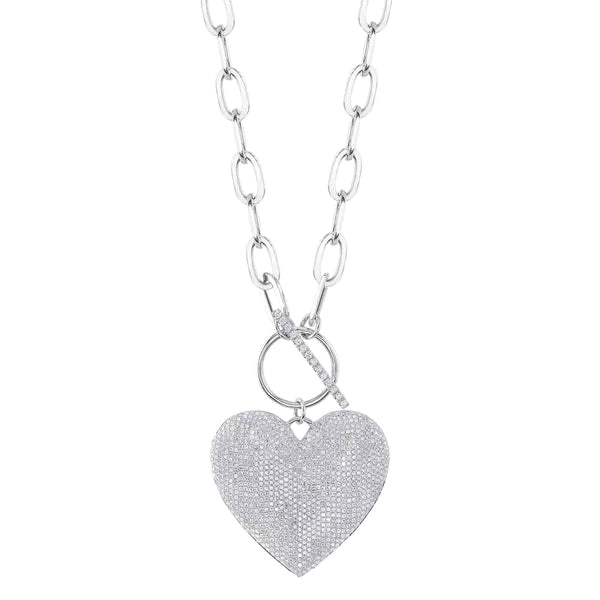 14K Gold Pave Diamond Heart Paper Clip Link Necklace