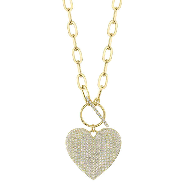 14K Gold Pave Diamond Heart Paper Clip Link Necklace