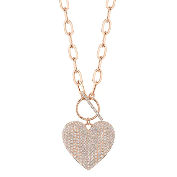14K Gold Pave Diamond Heart Paper Clip Link Necklace
