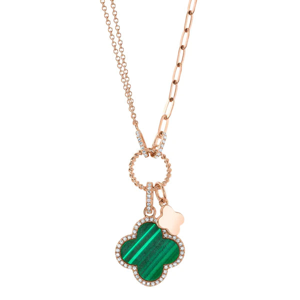 14K Gold Diamond Malachite Clover Necklace