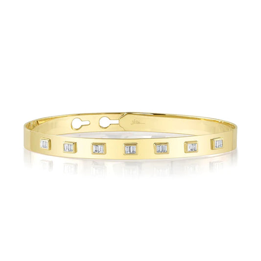 14K Gold Baguette Diamond Latch Lock Bangle Bracelet