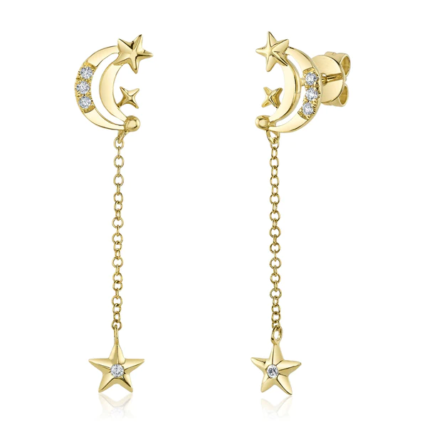 14K Gold 0.08 CT Diamond Moon & Star Earrings
