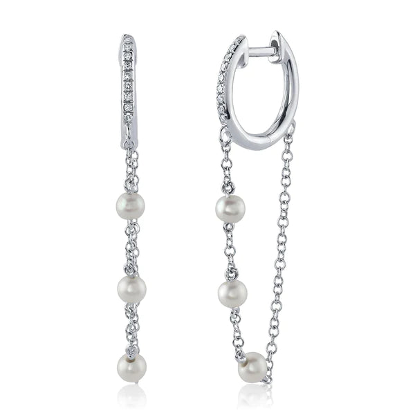 14K Gold 0.05 CT Diamond Pearl Huggie Chain Earrings