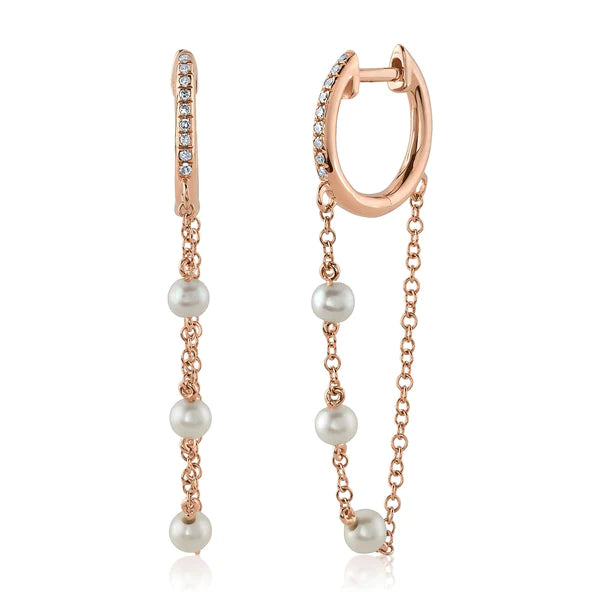 14K Gold 0.05 CT Diamond Pearl Huggie Chain Earrings