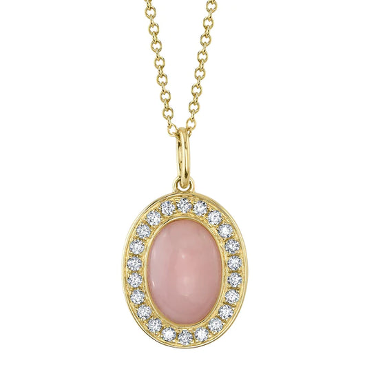 14K Gold Diamond Pink Opal Oval Necklace