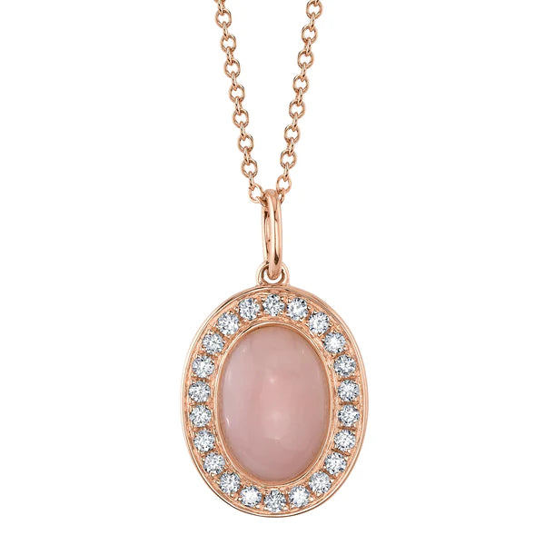 14K Gold Diamond Pink Opal Oval Necklace
