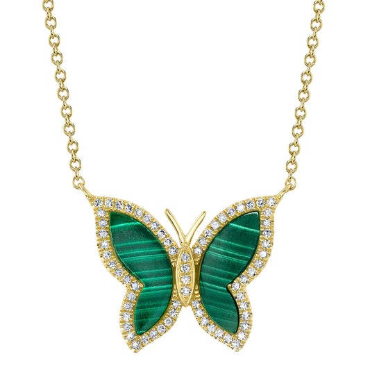 14K Gold Diamond Malachite Butterfly Necklace
