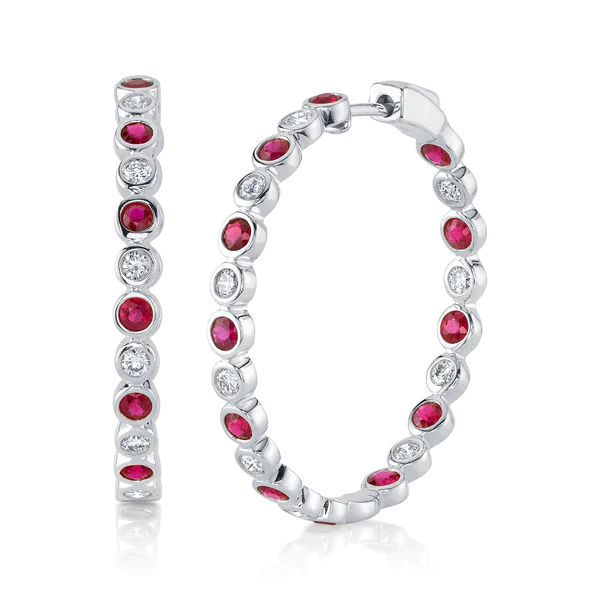 14K Gold Diamond Ruby Hoop Earrings