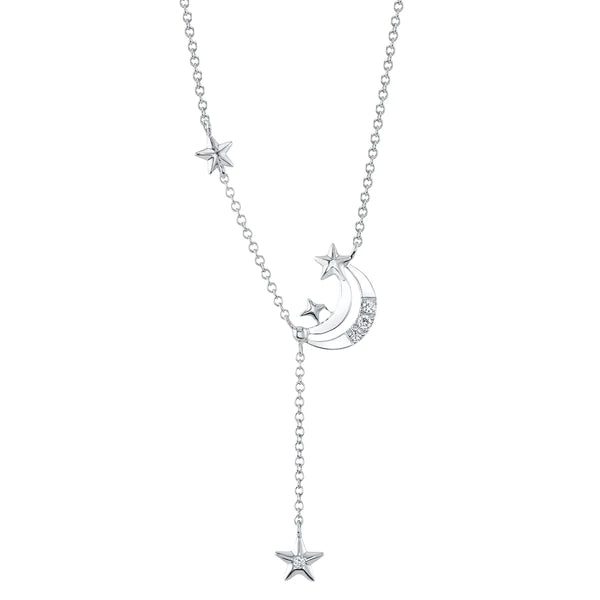 14K Gold Diamond Crescent Moon & Star Lariat Necklace