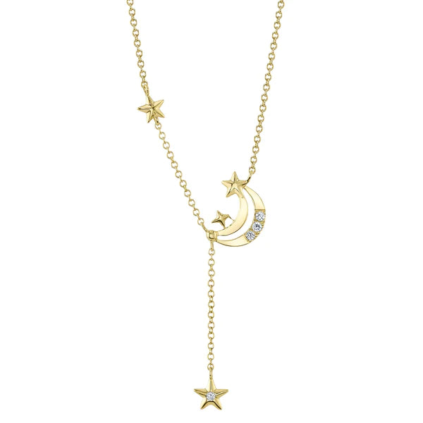 14K Gold Diamond Crescent Moon & Star Lariat Necklace