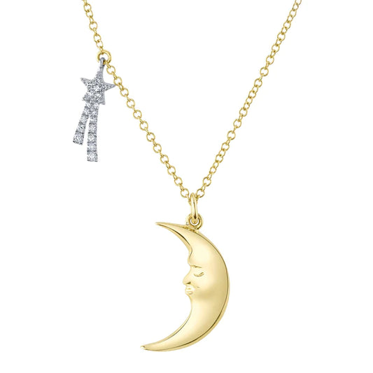 14K Gold Diamond Shooting Star & Crescent Moon Necklace