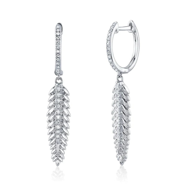 14K Gold Diamond Feather Earrings