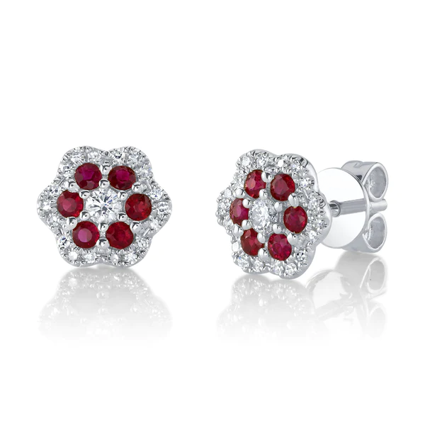 14K Gold Diamond Ruby Flower Earrings