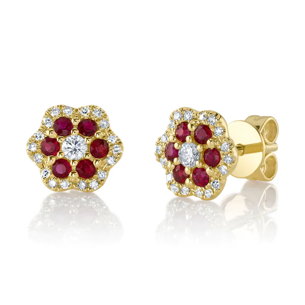 14K Gold Diamond Ruby Flower Earrings