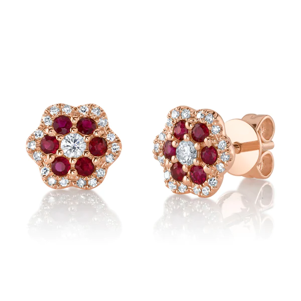 14K Gold Diamond Ruby Flower Earrings