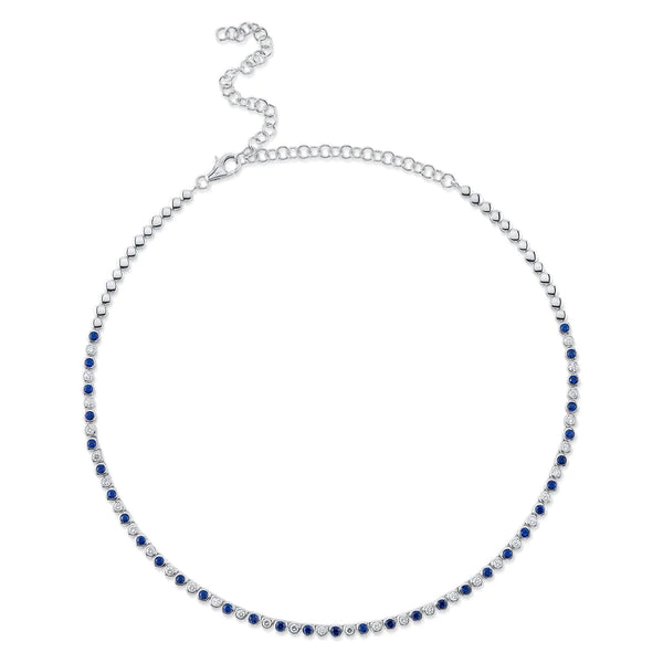 14K Gold Diamond Blue Sapphire Bezel Tennis Necklace