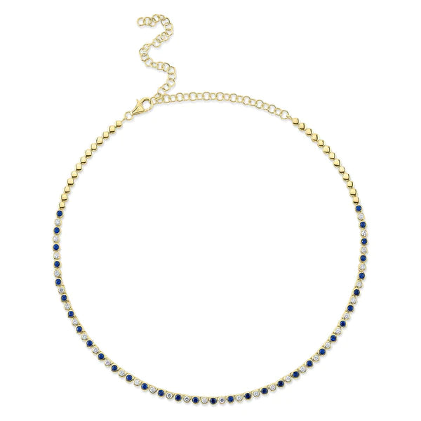 14K Gold Diamond Blue Sapphire Bezel Tennis Necklace