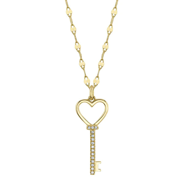 14K Gold Diamond Heart Key Necklace
