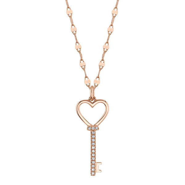 14K Gold Diamond Heart Key Necklace