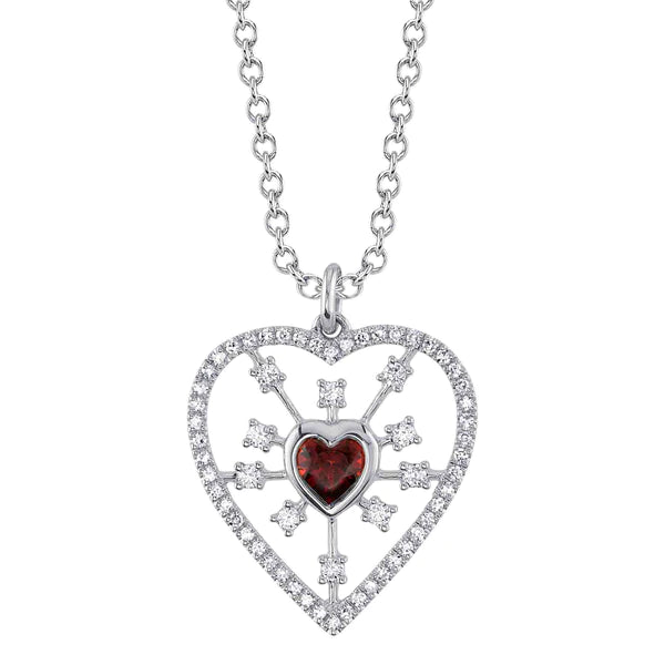 14K Gold Red Garnet Diamond Heart Necklace