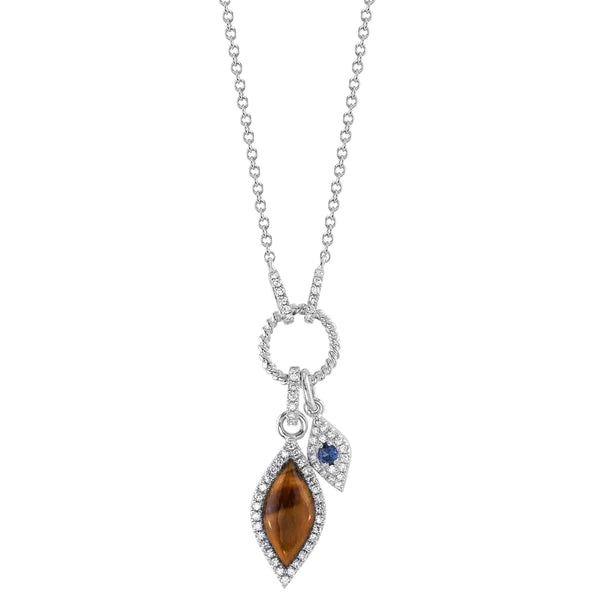 14K Gold Tigers Eye Diamond Sapphire Eye Necklace