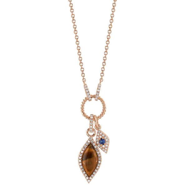 14K Gold Tigers Eye Diamond Sapphire Eye Necklace
