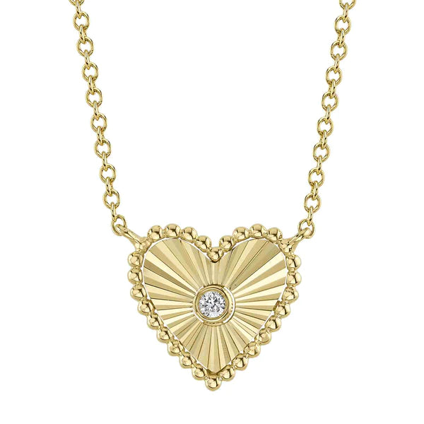 14K Gold Diamond Heart Necklace Fluted Pendant Necklace
