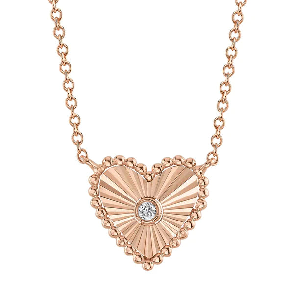 14K Gold Diamond Heart Necklace Fluted Pendant Necklace