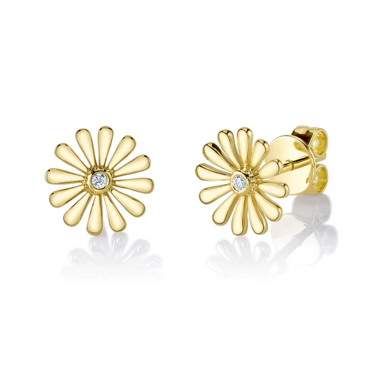 14K Gold 0.02 CT Diamond Flower Stud Earrings