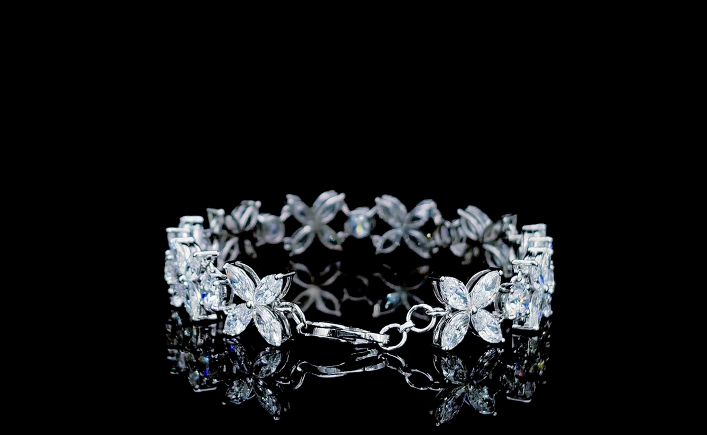 Lab Created Diamond Floral Bracelet 14K White Gold, Marquise Round Cut 17.26 CTW