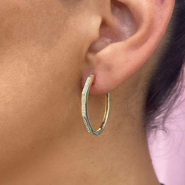 14K Gold Diamond Oval Hoop Earrings