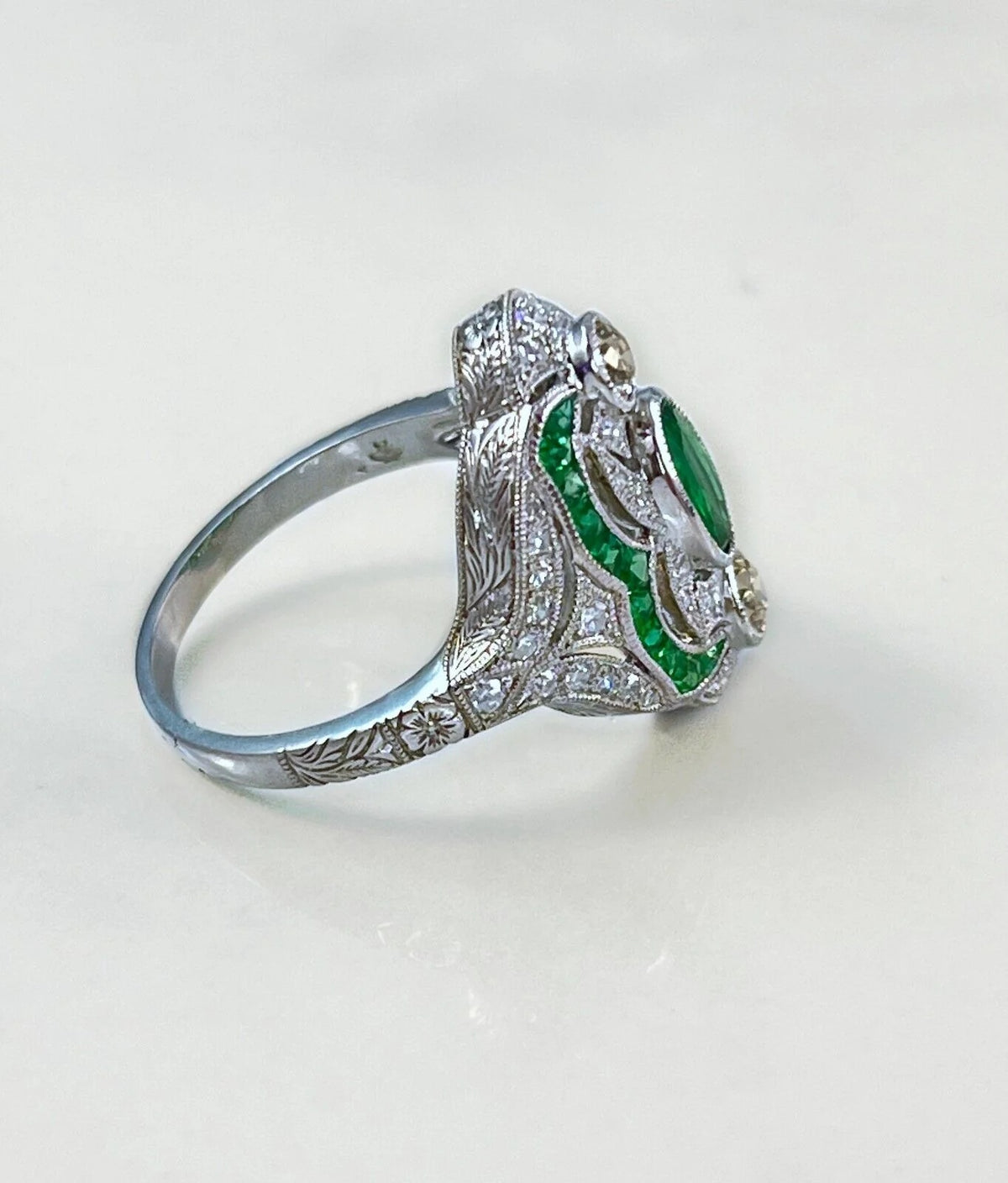 Art Deco Emerald And Old Mine European Diamond Platinum Ring