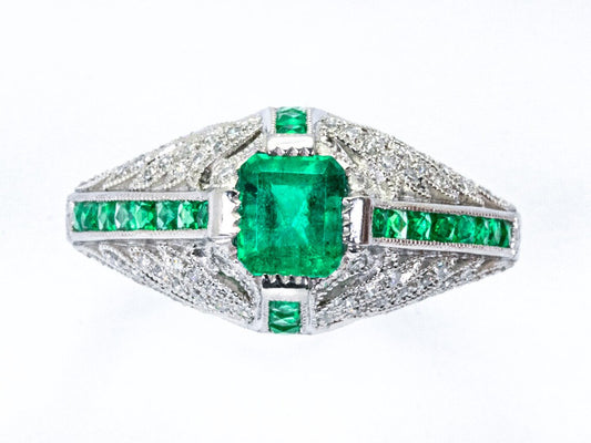 Emerald And Diamond Platinum Art Deco Engagement Ring 1.08 CTW