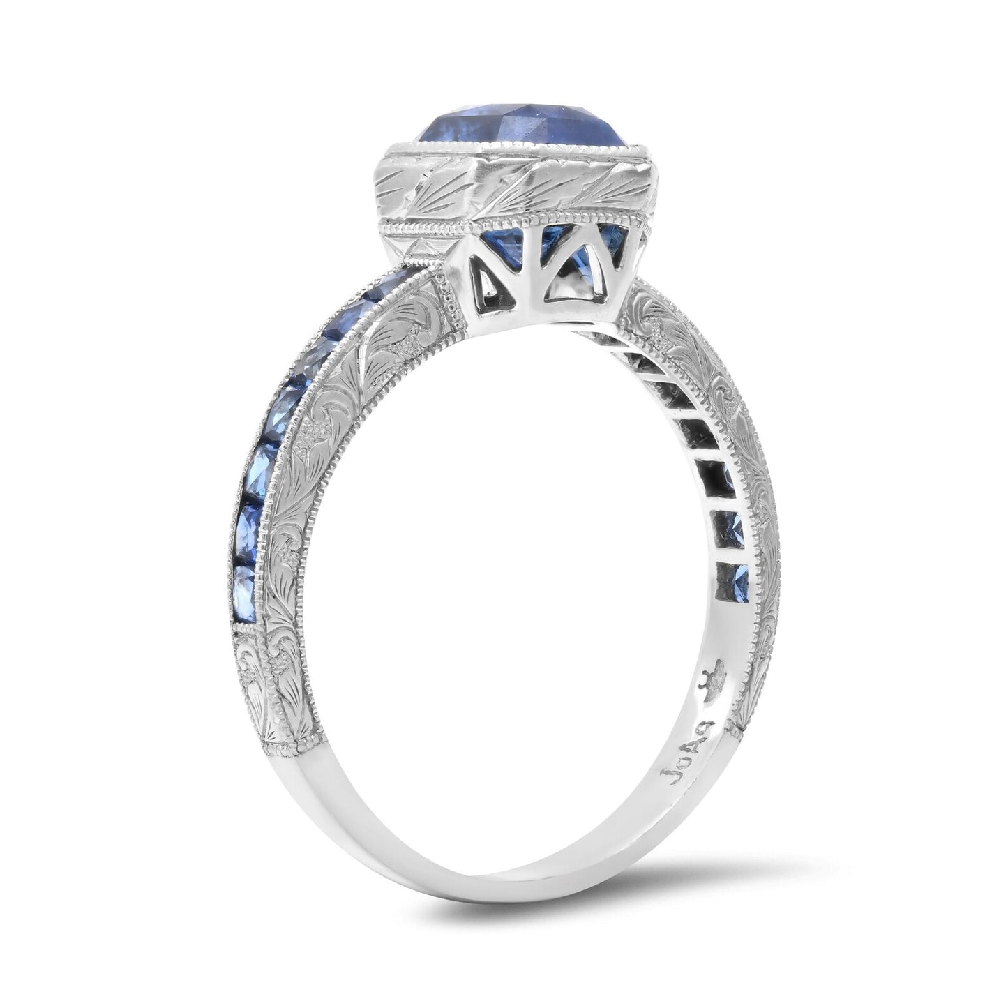 Art Deco Cushion Blue Sapphire Platinum Ring 3.45 CTW Certified Natural Handmade
