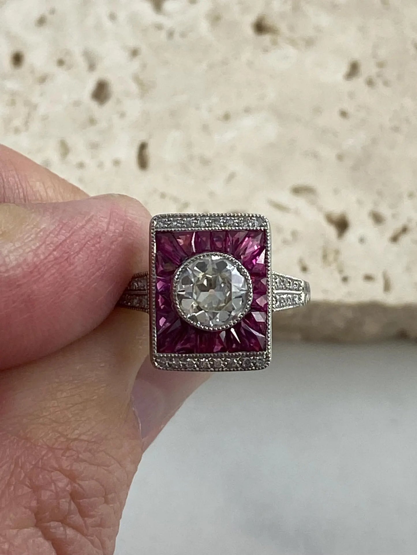 Old Mine Cut European Diamond Ruby Platinum Ring Art Deco Handmade Certified Natural 1.67 CTW