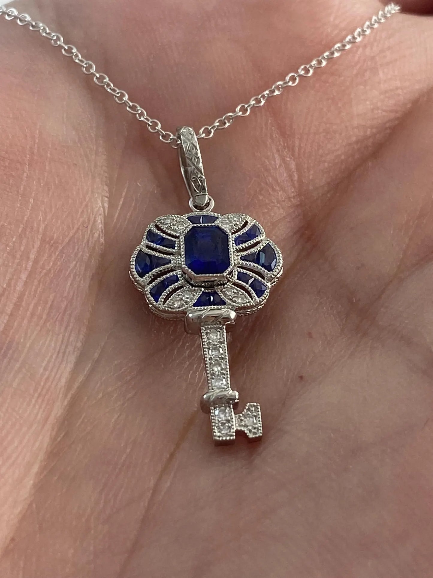 Diamond Sapphire Key Platinum Necklace 0.87 CTW Handmade Natural Certified Art Deco Inspired