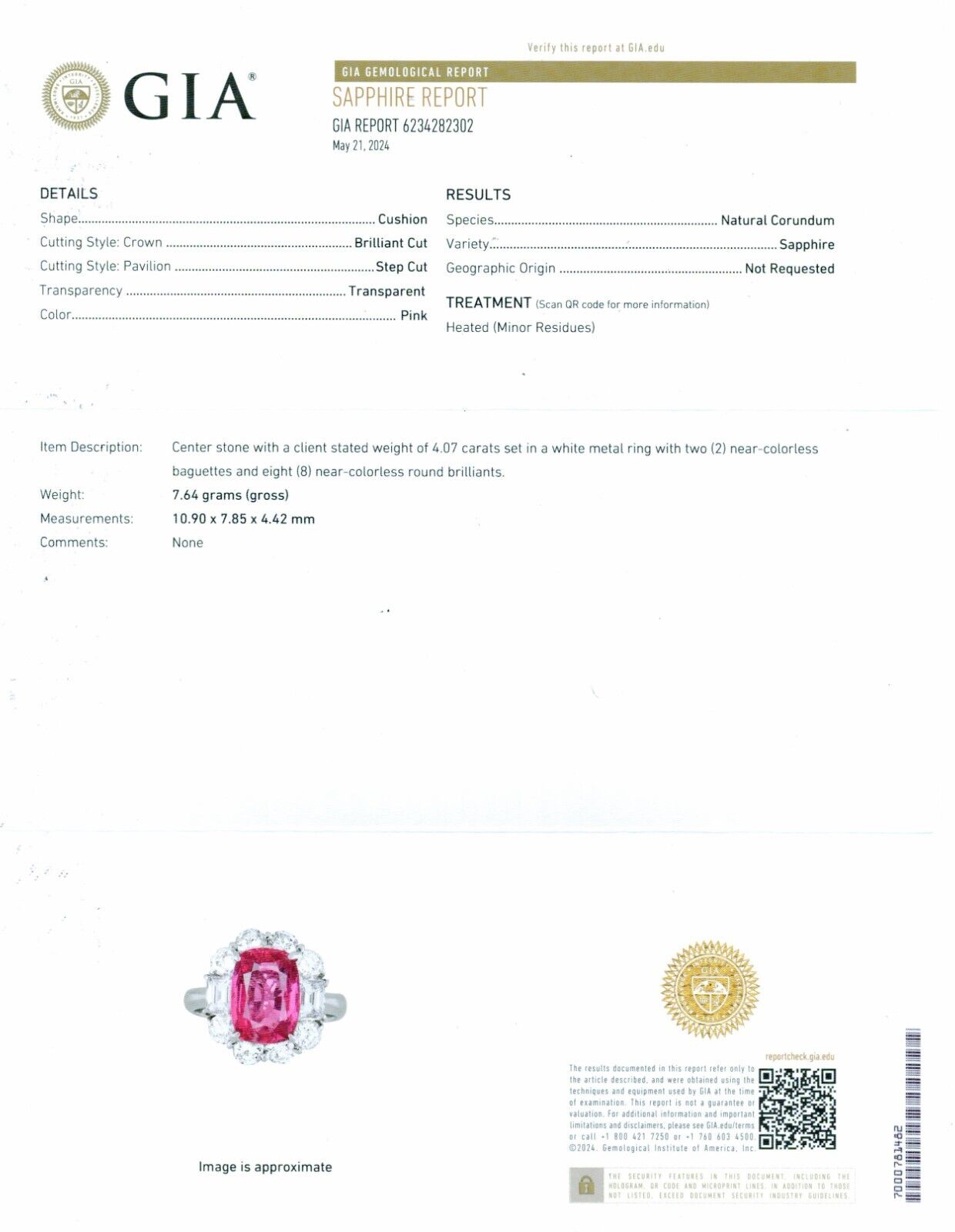 GIA Cushion Pink Sapphire Diamond Platinum Engagement Ring Natural 5.99 TCW