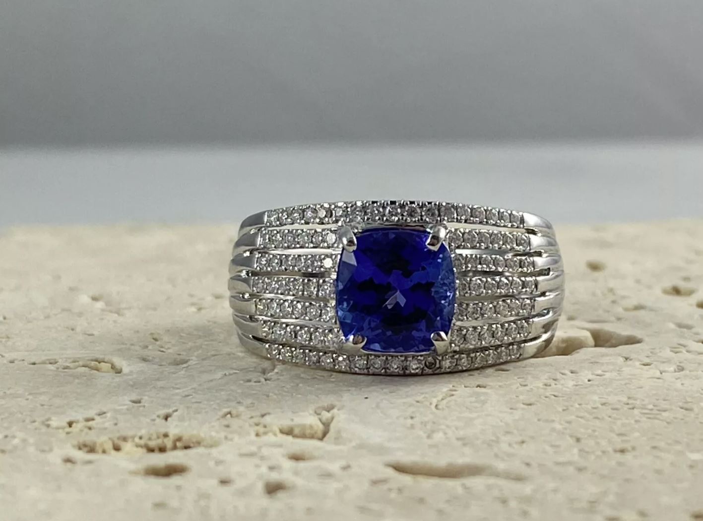 Cushion Tanzanite Diamond Ring 18K White Gold Certified Natural