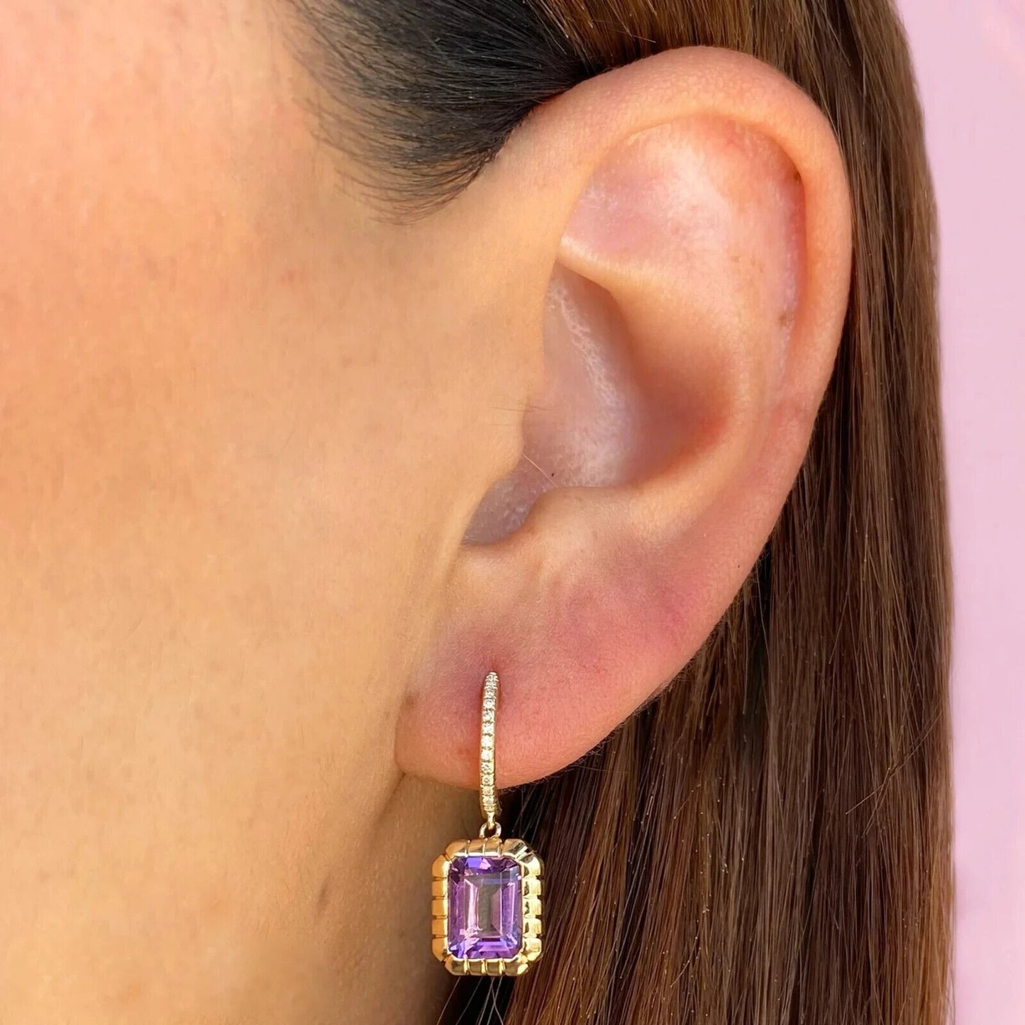 14K Gold Amethyst Diamond Bezel Earrings