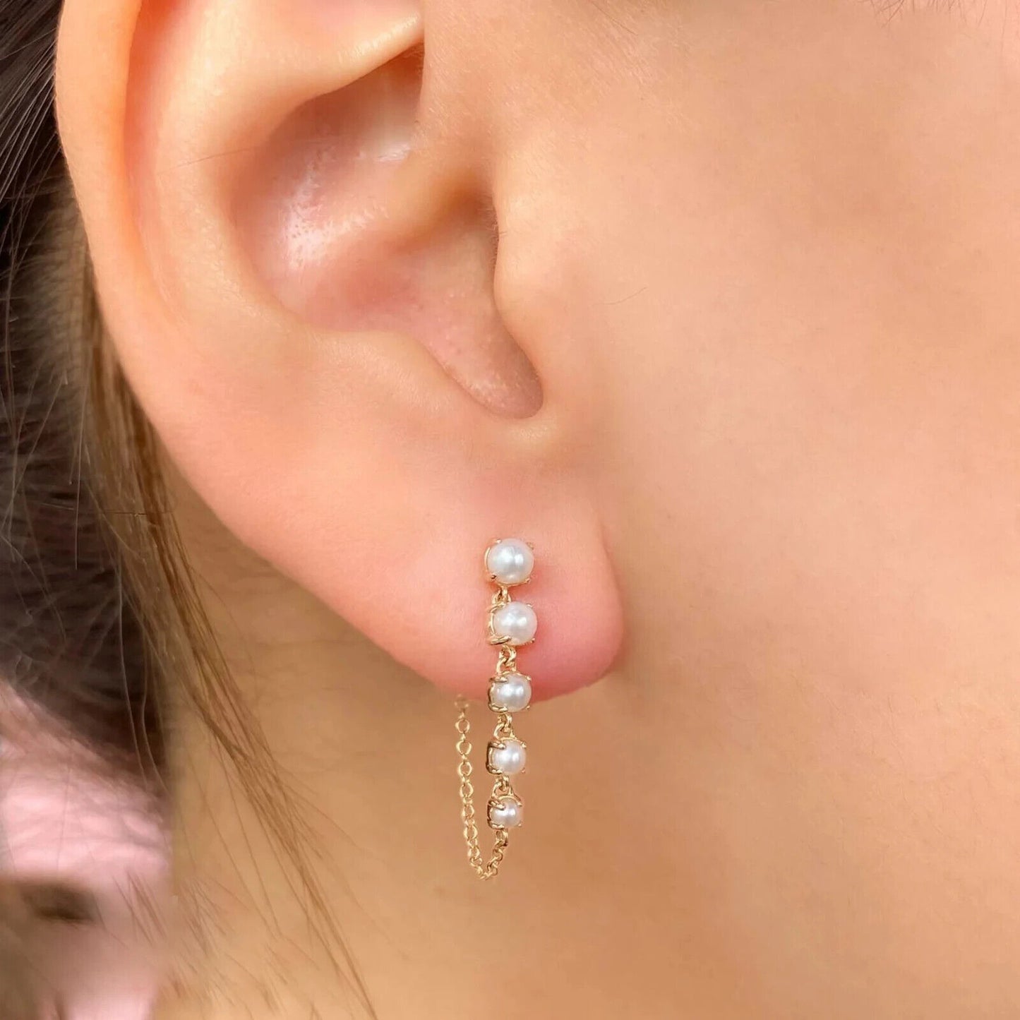 14K Gold Pearl Chain Earrings