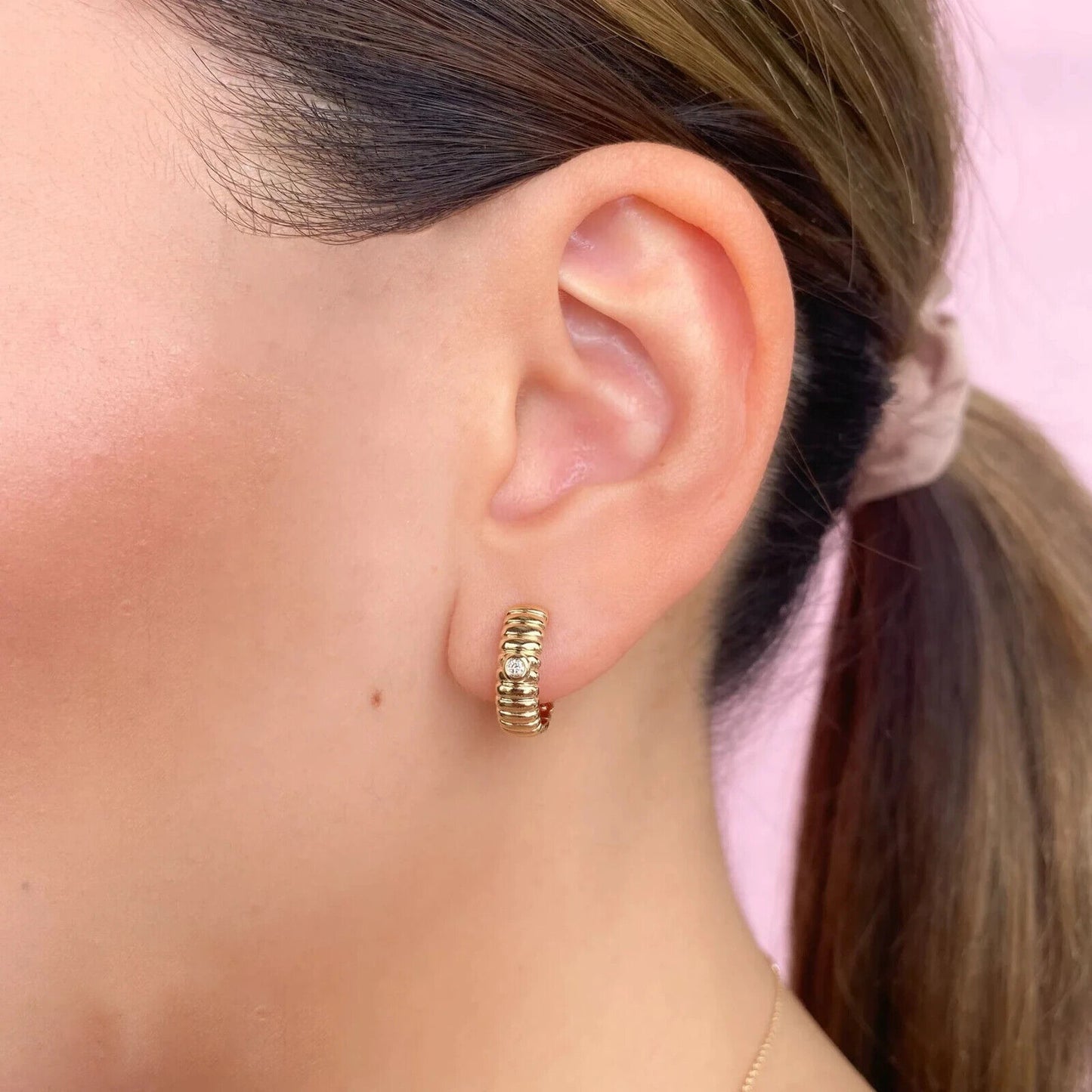 14K Gold Bezel Diamond Hoop Earrings