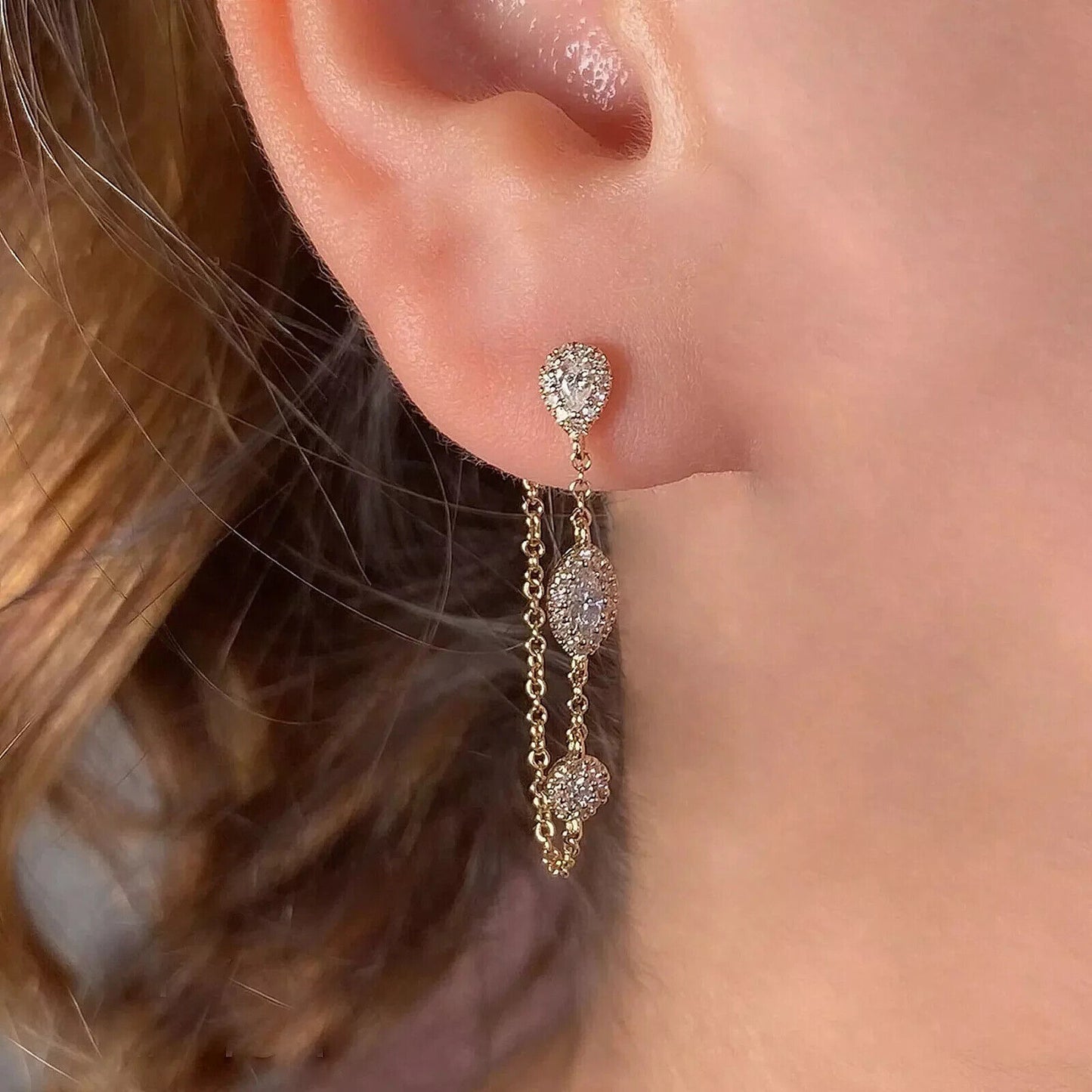 14K Gold Marquise Pear Diamond Chain Earrings