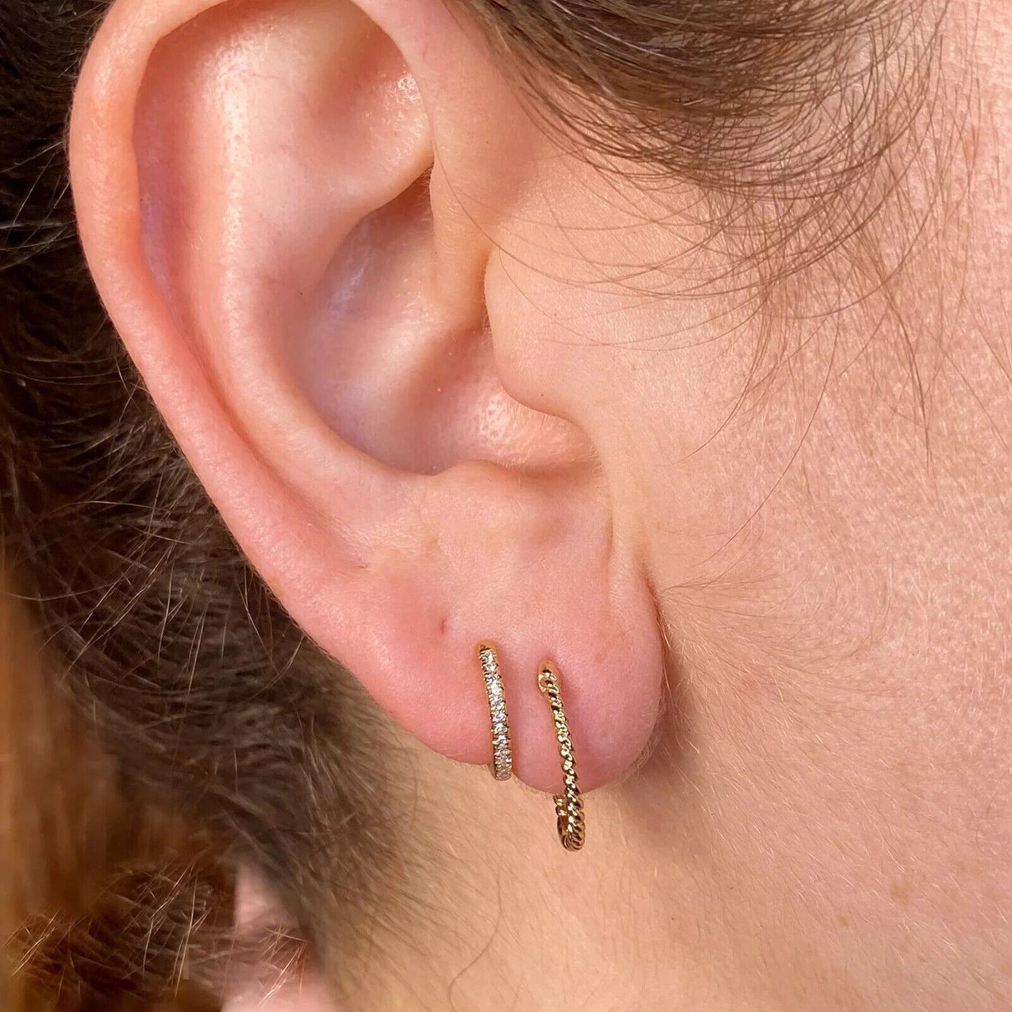 14K Gold Diamond Double 2 Huggie Earrings