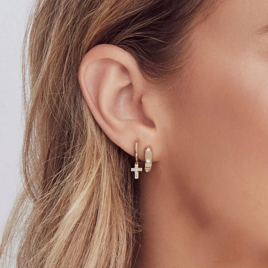 14K Gold Bezel Diamond Huggie Earrings